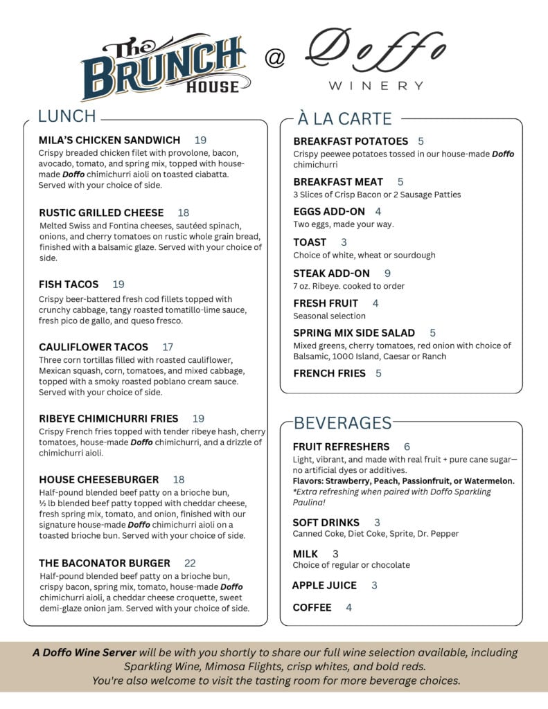 Brunch menu at Doffo Winery featuring burger, fries, sandwiches and more. 
