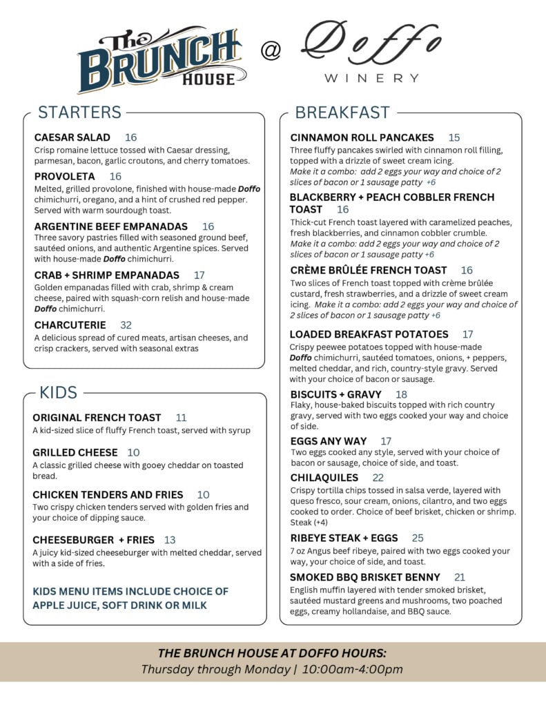 Brunch menu at Doffo Winery featuring brunch favorites, french toast, steak and eggs, and more. 